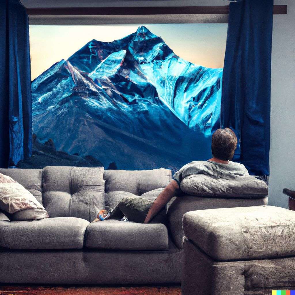 someone gazing at Mount Everest sitting on a couch at home